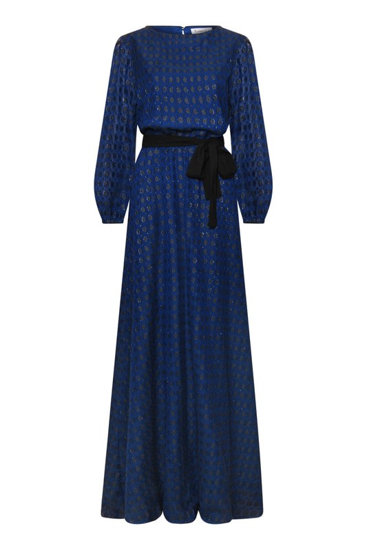 MAXI JOJO DRESS | NAVY AND BLACK FLOCKED FABRIC