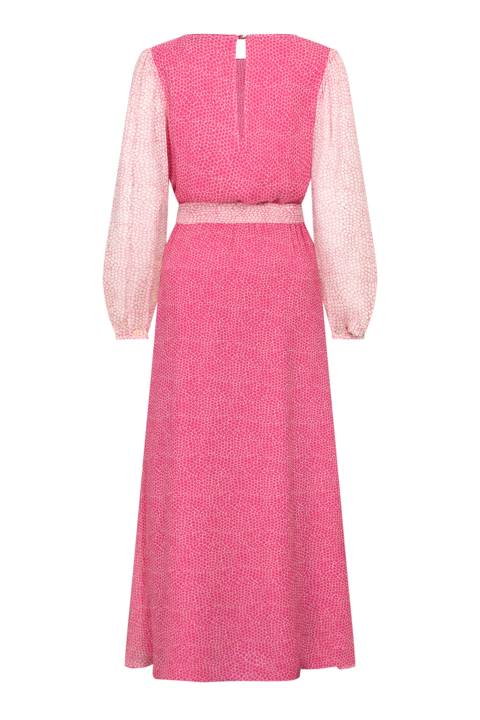Back detail of Maxi Jojo Dress in pink and cream organic printed silk chiffon