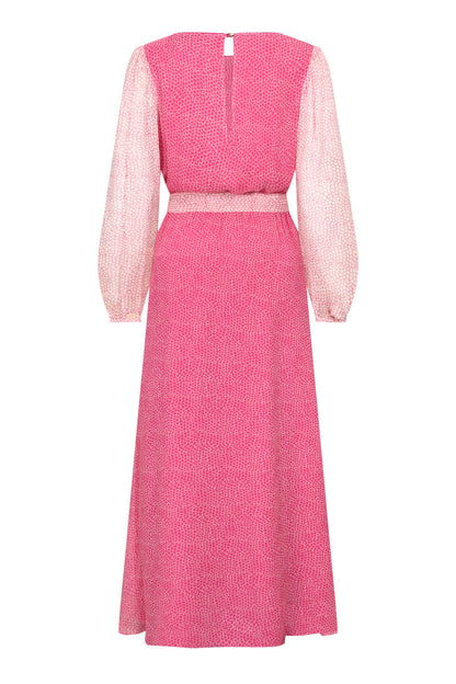 Back detail of Maxi Jojo Dress in pink and cream organic printed silk chiffon