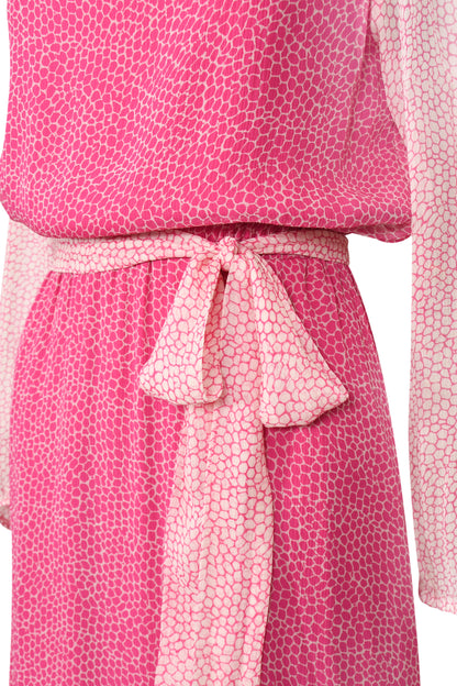 Close-up of fabric print – soft pastel pinks and cream organic pattern on a silk chiffon