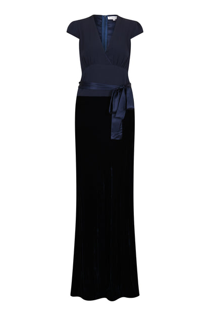 LONG WILLOW DRESS | NAVY SILK GEORGETTE AND VELVET