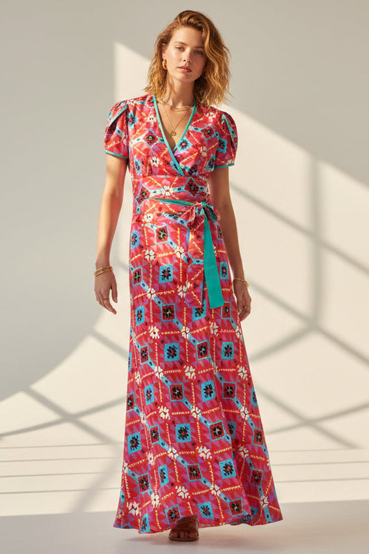 LONG WILLOW DRESS | RED GEO TRI PRINTED SILK