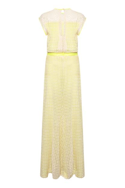 LONG TATTI DRESS | CREAM AND YELLOW TEXTURED CIRCLE LACE