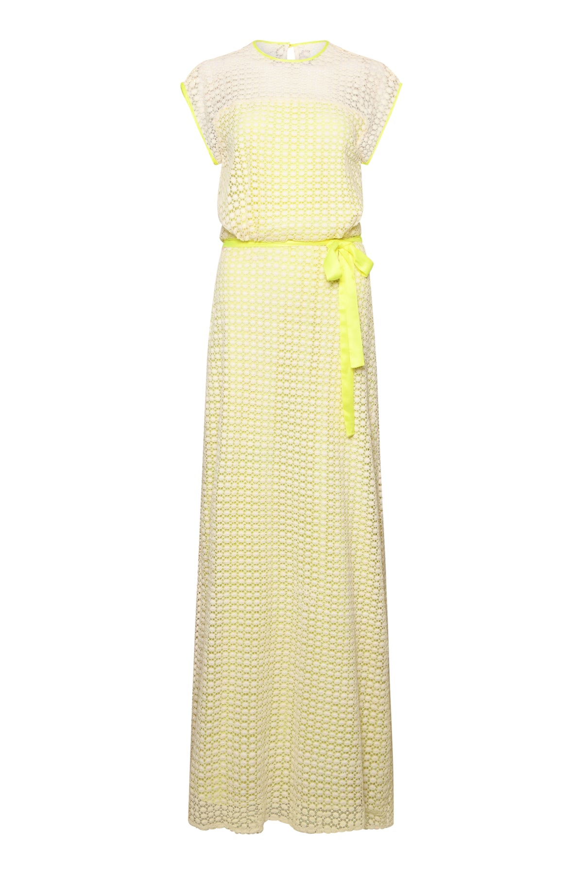 LONG TATTI DRESS | CREAM AND YELLOW TEXTURED CIRCLE LACE