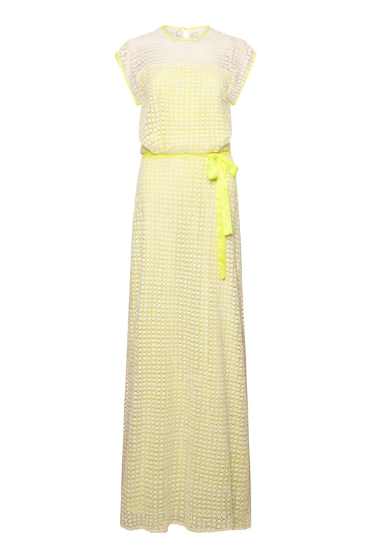 LONG TATTI DRESS | CREAM AND YELLOW TEXTURED CIRCLE LACE