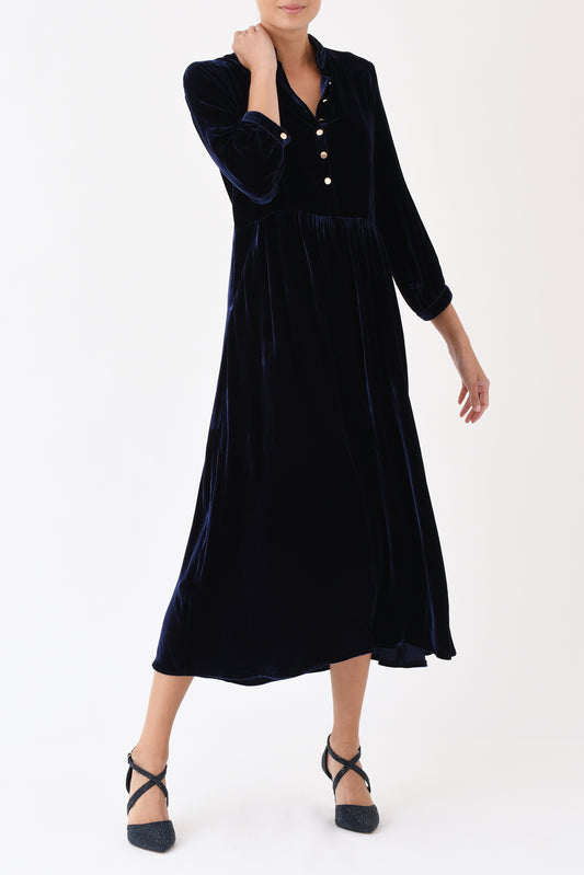 Anastasia navy velvet midi dress front view on model