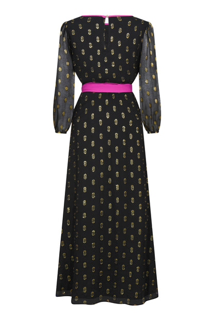 MIDI JOJO DRESS | BLACK & GOLD SPOTTED SILK