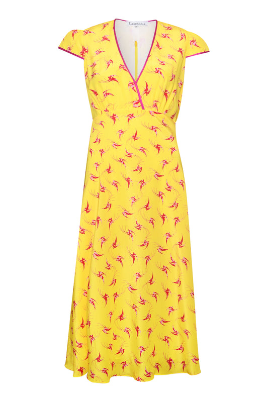 MIDI OLIVIA DRESS | YELLOW LOVE BIRDS PRINT