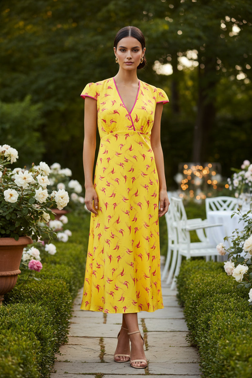 MIDI OLIVIA DRESS | YELLOW LOVE BIRDS PRINT