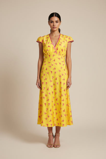 A yellow midi dress with a red and pink lovebird  print, featuring a V-neckline with pink trim and short cap sleeves.