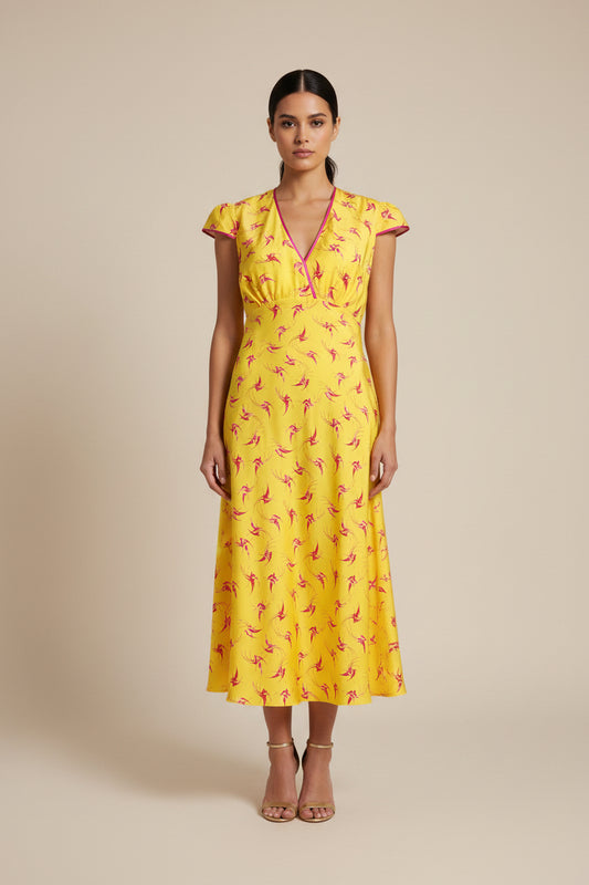 A yellow midi dress with a red and pink lovebird  print, featuring a V-neckline with pink trim and short cap sleeves.