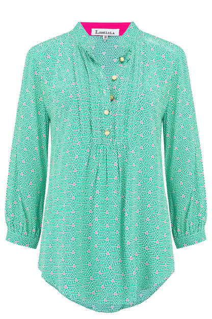 DELPHINE TOP | GREEN STRIPEY TRIANGLE PRINT