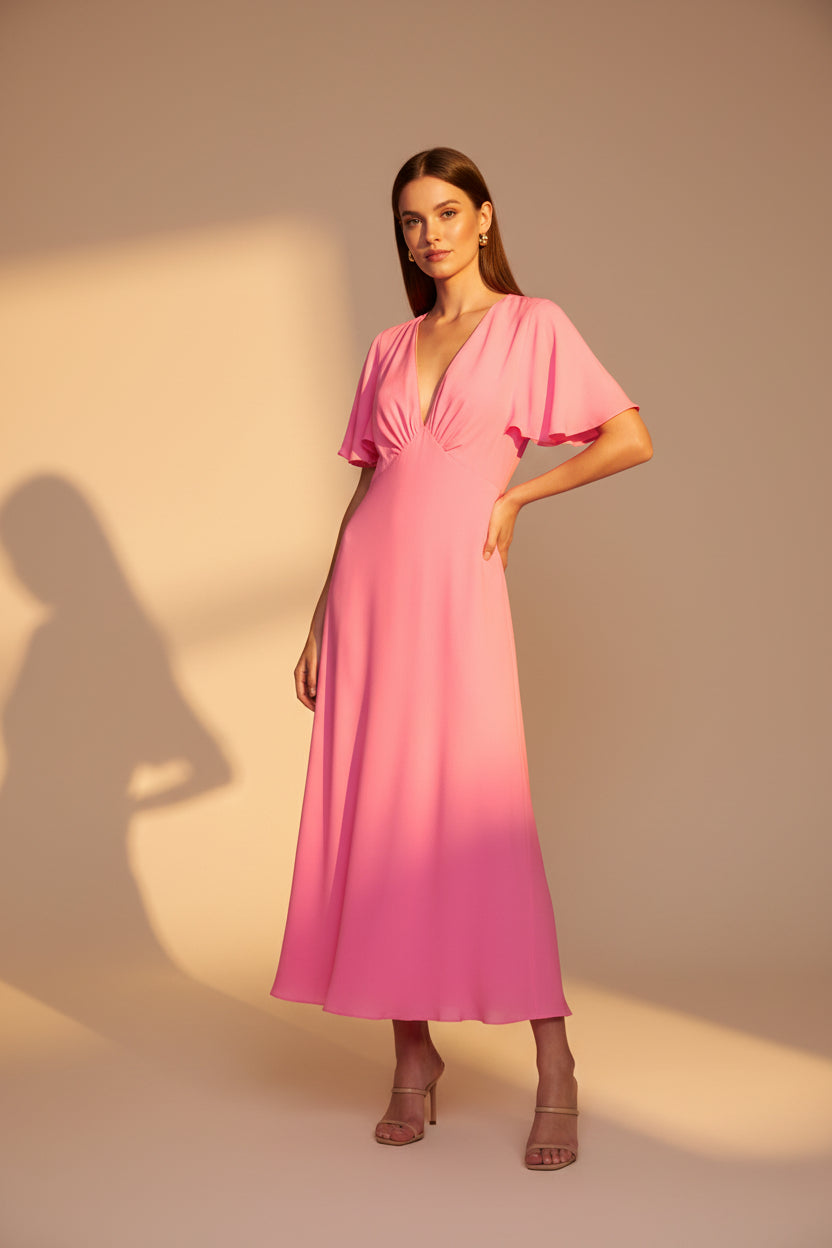A bright pink midi-length dress with short flutter sleeves, a deep V-neckline, and a wrap-style bodice, shown against a plain white background.