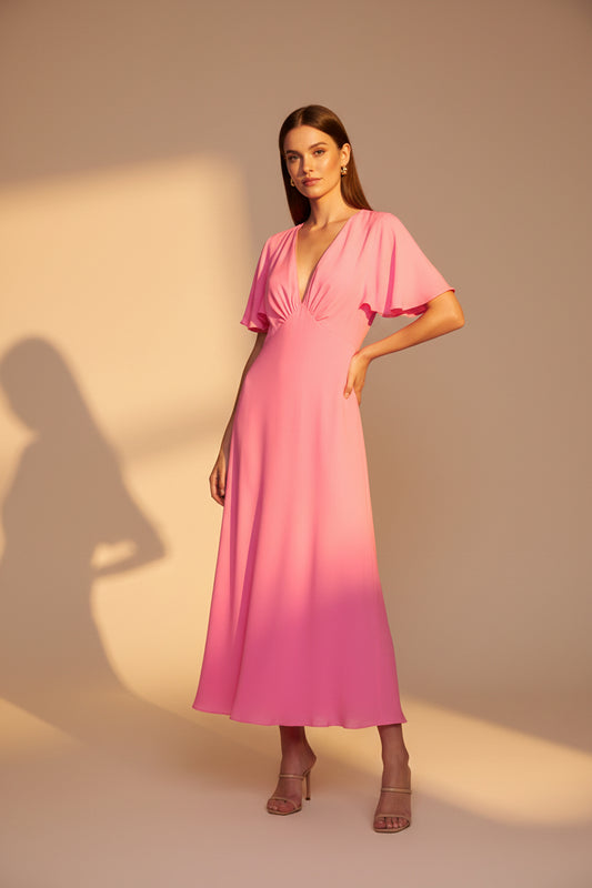 A bright pink midi-length dress with short flutter sleeves, a deep V-neckline, and a wrap-style bodice, shown against a plain white background.