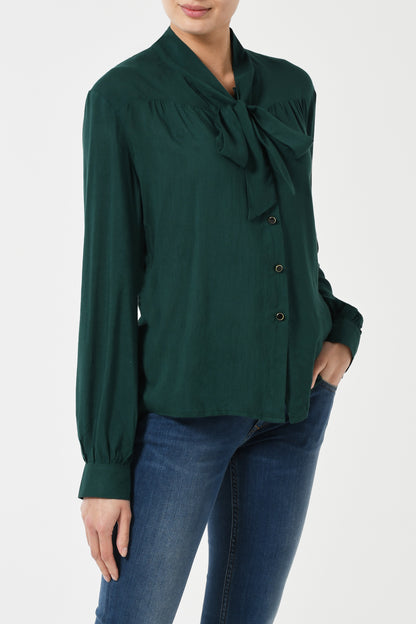 TIE NECK BLOUSE | BOTTLE GREEN RAYON