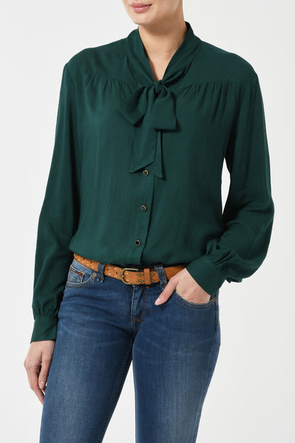 TIE NECK BLOUSE | BOTTLE GREEN RAYON