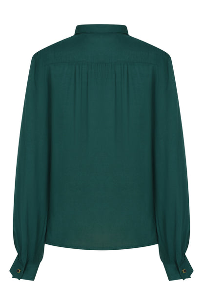 TIE NECK BLOUSE | BOTTLE GREEN RAYON