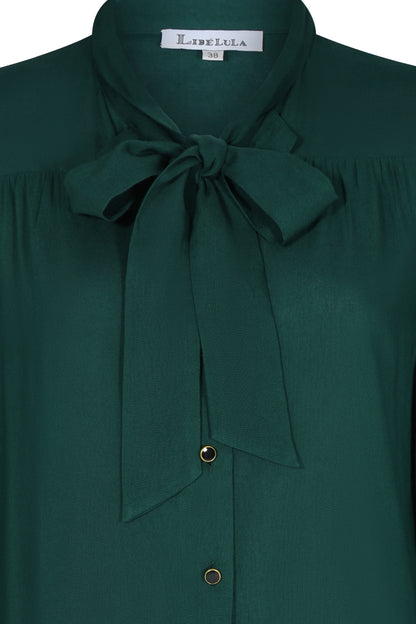 TIE NECK BLOUSE | BOTTLE GREEN RAYON