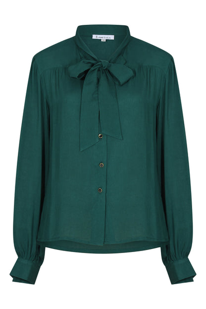 TIE NECK BLOUSE | BOTTLE GREEN RAYON