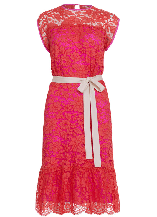 FLORA DRESS | ORANGE LACE WITH HOT PINK LINING