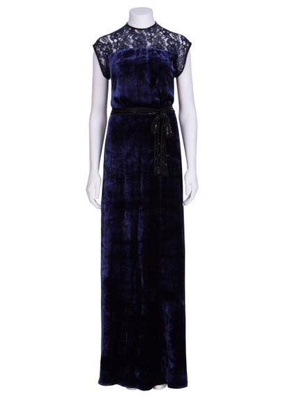 LONG TATTI DRESS | NAVY LACE AND VELVET