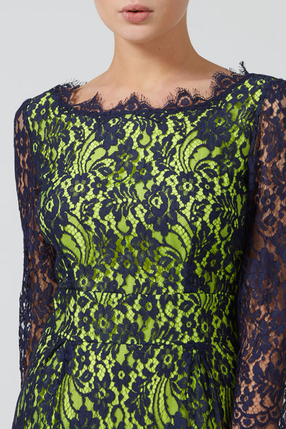 LONGER FLORENCE DRESS | NAVY/YELLOW LACE